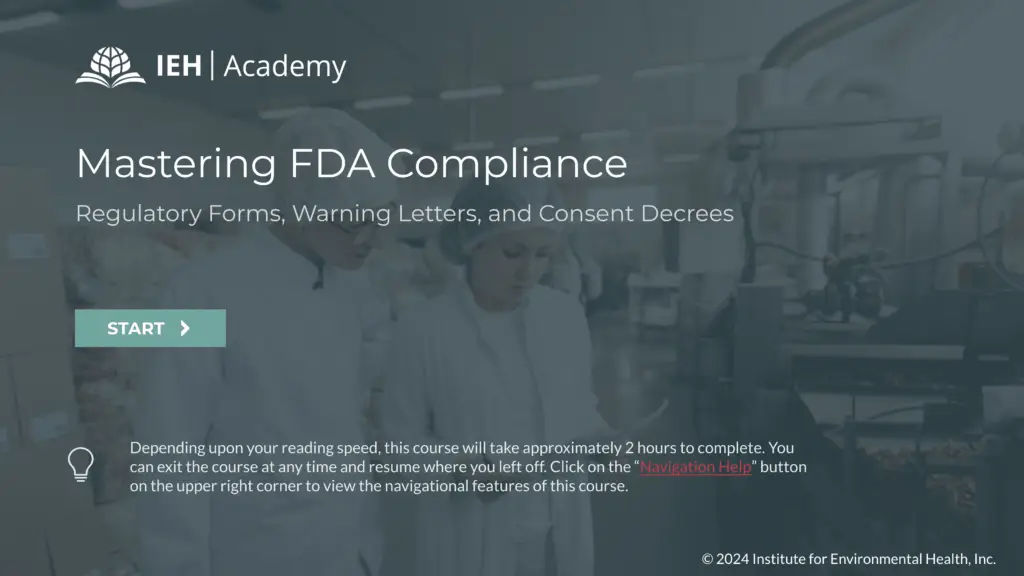 Screenshot of course for FDA compliance presented by IEH Academy.