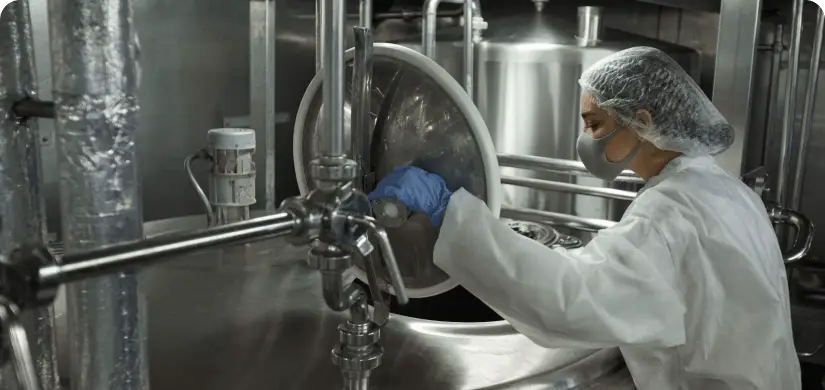 Food facility worker inspecting clean stainless steel container.