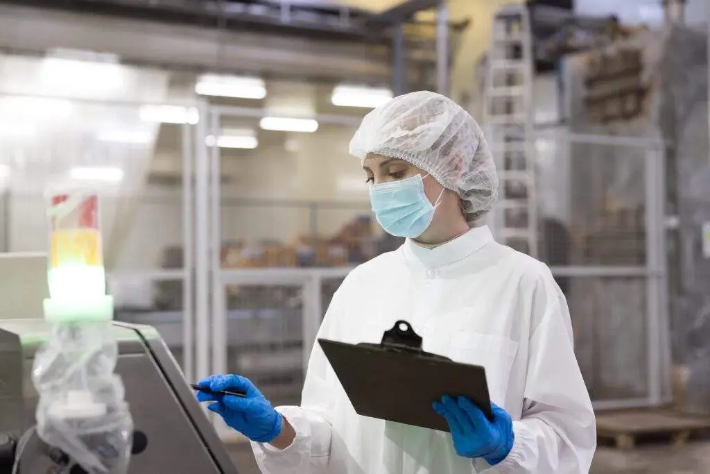 Food plant worker wearing clean safety uniform.