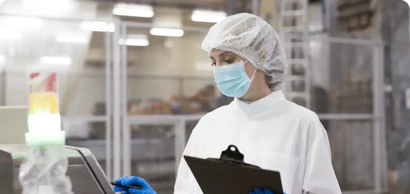 Food production worker in safety outfit checking on machinery quality.
