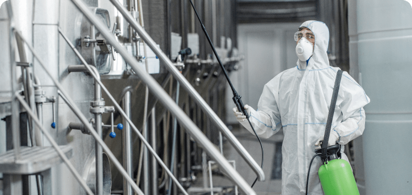 Food production worker spraying sanitizers on equipment.