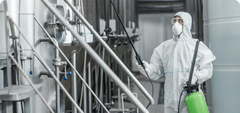 Food production worker spraying sanitizers on equipment.