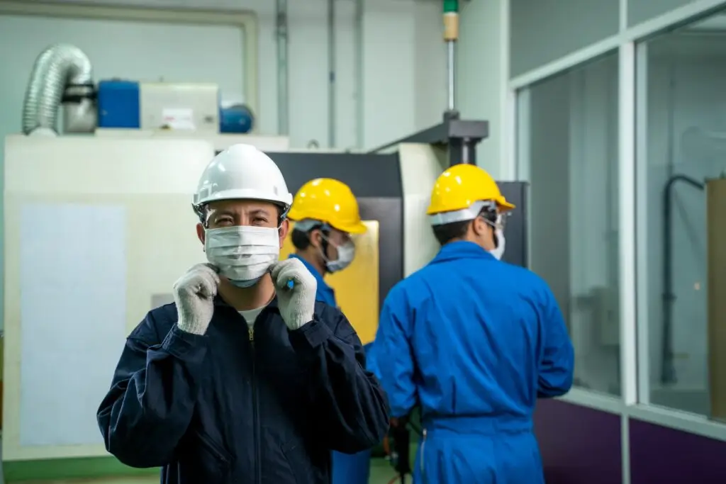 Production facility with three workers adjusting face masks with their Personal Protective Equipment, safety glasses, and hardhats.