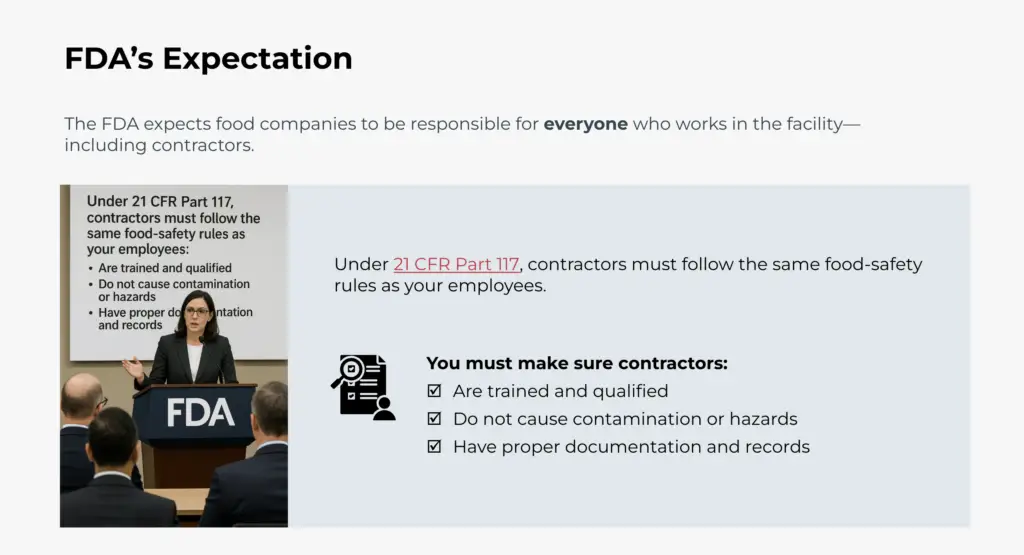 Screenshot two of course on Contractor Control Programs for Food Facilities.