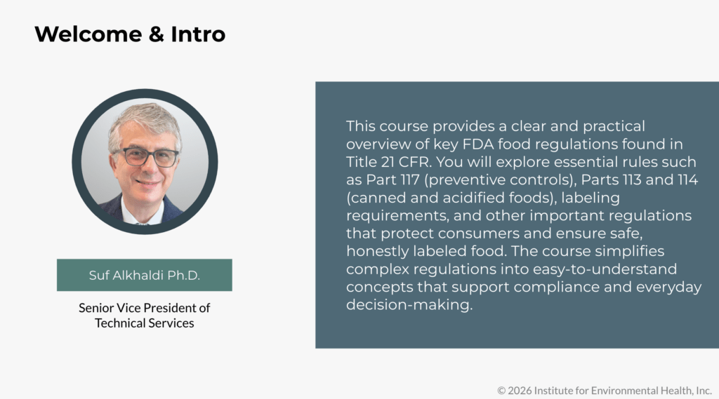 Screenshot one for course on Introduction to FDA Food Regulation Framework.