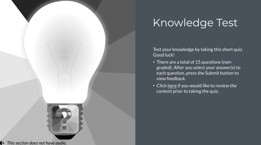 Screenshot of last page before questions test page.