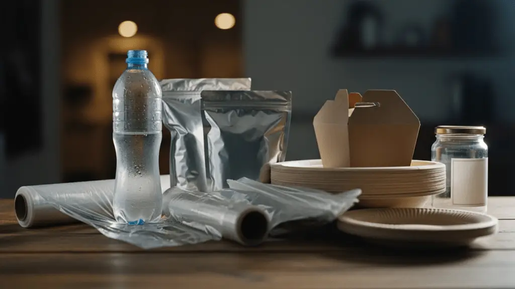 An assortment of various food contact materials and packaging containers arranged on a wooden surface against a softly blurred dark background. The collection includes a clear plastic water bottle with condensation, rolls of plastic wrap, silver foil pouches, a stack of biodegradable paper plates, a cardboard takeout box, and a glass jar with a gold lid.