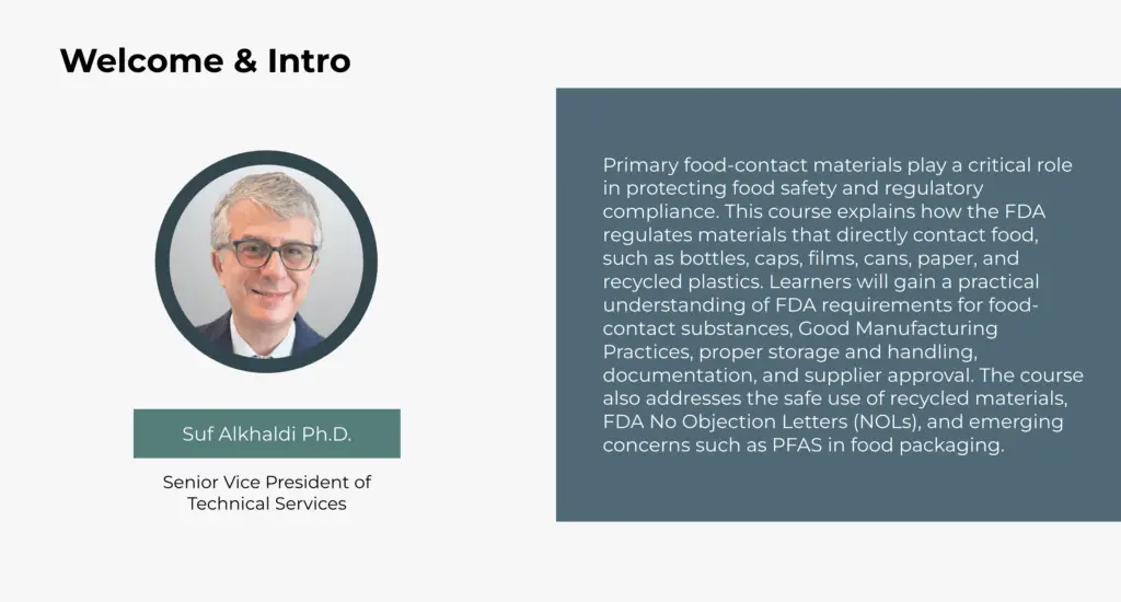 Screenshot one for course on Primary Food Contact Materials.