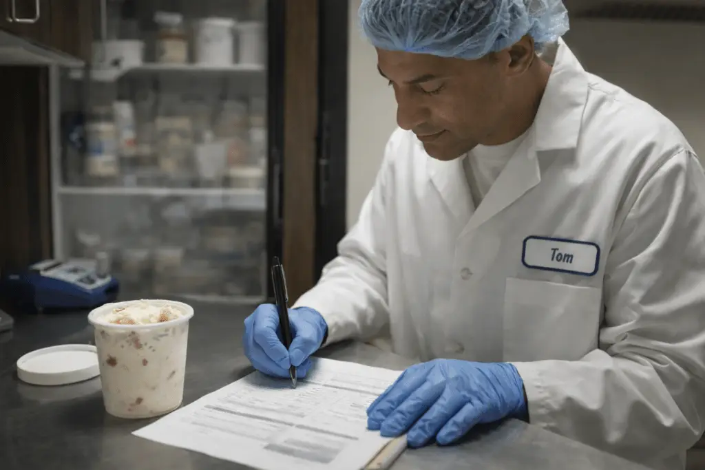 Food quality assurance technician wearing a lab coat, hairnet, and gloves reviewing product specifications and documentation beside a food sample container in a laboratory setting.