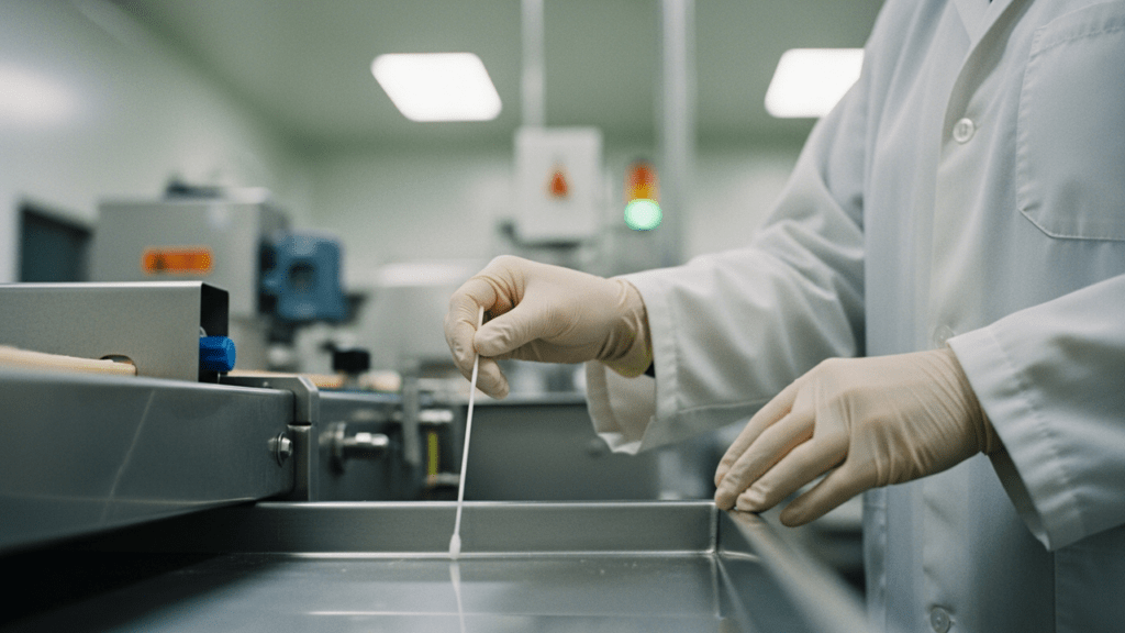A close-up shot of a person in a white lab coat and beige latex gloves performing a surface swab test in a cleanroom or food processing facility. The individual is using a thin white swab to sample a stainless steel tray. In the blurred background, industrial machinery and a control panel with a glowing green light are visible, emphasizing a sterile, controlled environment for environmental monitoring.