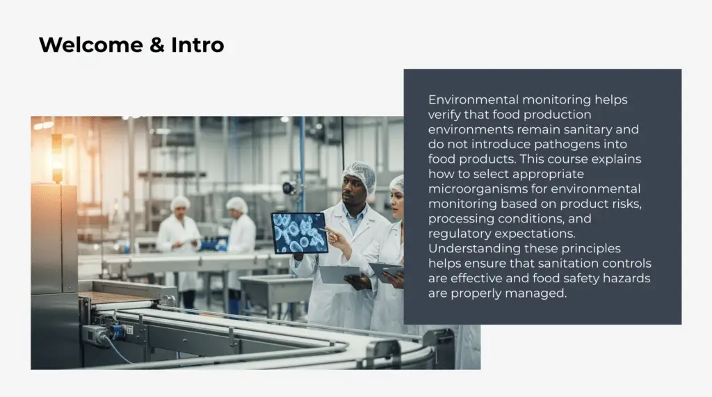 Screenshot one for course Selecting Microorganisms for Environmental Monitoring Verification.