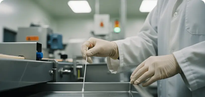 Swap being taken on food producer table for Selecting Microorganisms for Environmental Monitoring Verification.