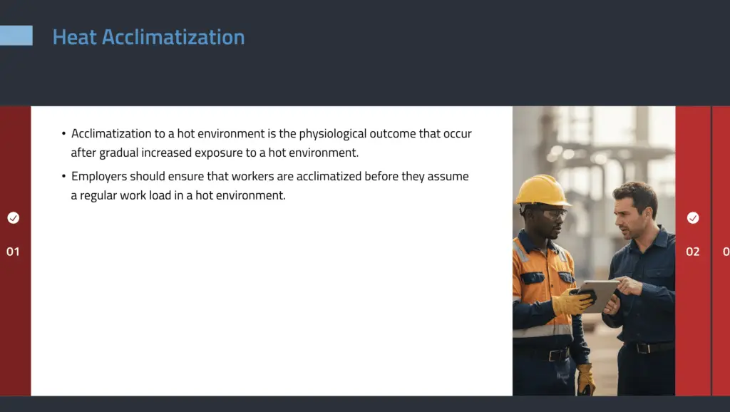 An educational presentation slide titled "Heat Acclimatization" in blue text against a dark grey top banner.