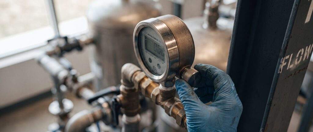 A worker wearing a blue glove adjusting a digital pressure gauge on industrial equipment.