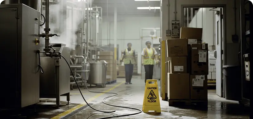 Two food facilities workers walking in background with wet floor and steam in the air.