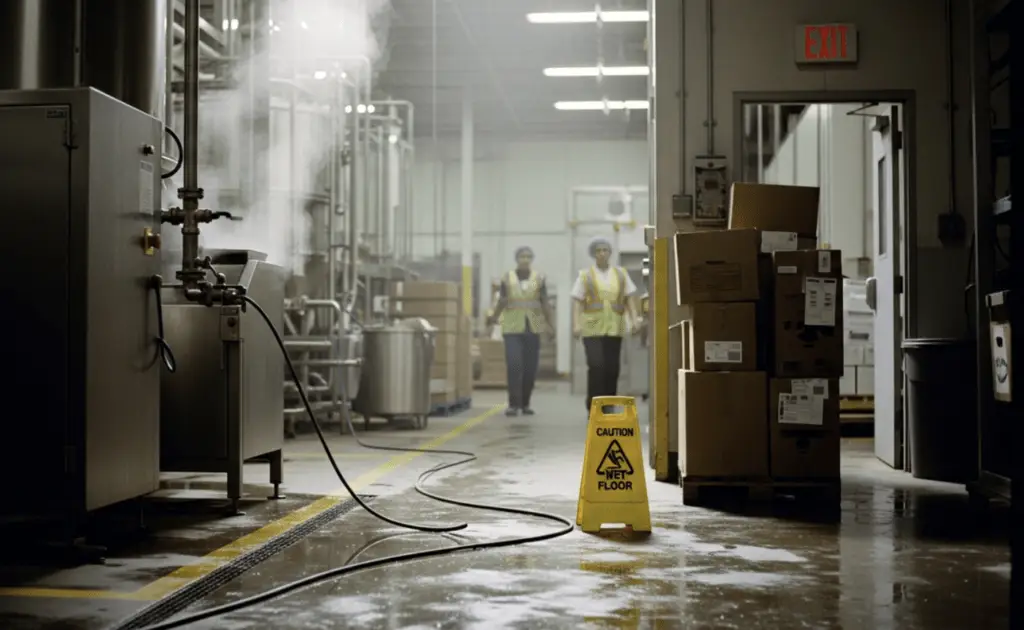 Two food facilities workers walking in background with wet floor and steam in the air.
