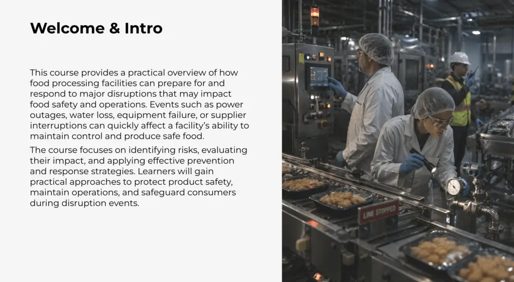 Screenshot one for course Dealing with Major Disruptions in Food Processing.