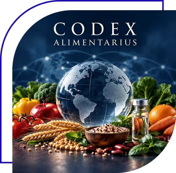 Glass globe in front of assorted natural foods with a network communication lines and title Codex Alimentarious.