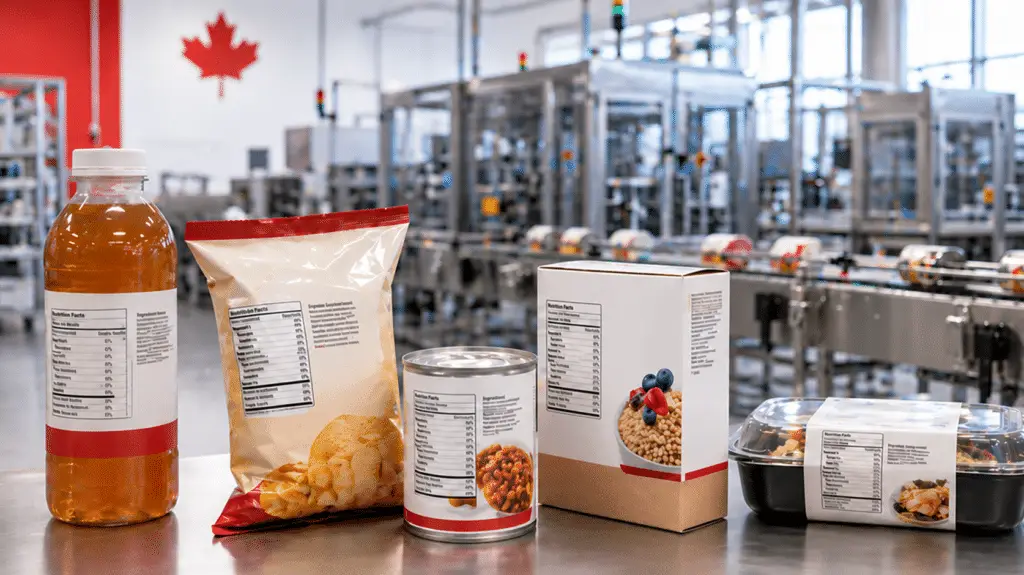 Canadian food manufacturing facility with packaged food products and nutrition labels in the foreground.