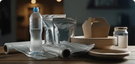 An assortment of various food contact materials and packaging containers arranged on a wooden surface against a softly blurred dark background. The collection includes a clear plastic water bottle with condensation, rolls of plastic wrap, silver foil pouches, a stack of biodegradable paper plates, a cardboard takeout box, and a glass jar with a gold lid.