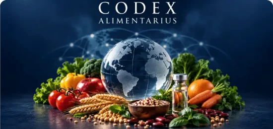 Glass globe in front of assorted natural foods with a network communication lines and title Codex Alimentarious.
