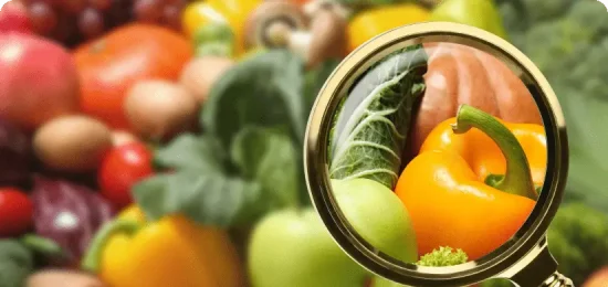 View through magnifying glass on vegetables, closeup. Poison detection.