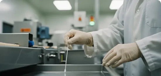 Swap being taken on food producer table for Selecting Microorganisms for Environmental Monitoring Verification.