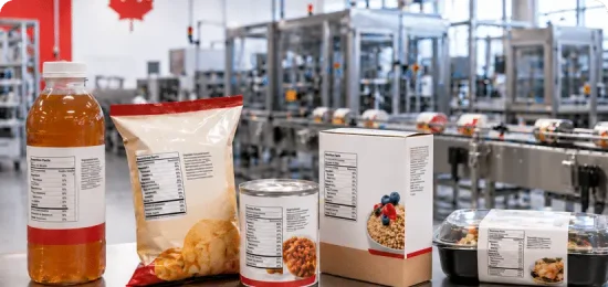 Canadian food manufacturing facility with packaged food products and nutrition labels in the foreground.